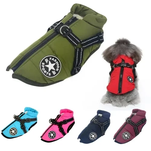 Warm dog jacket with integrated harness