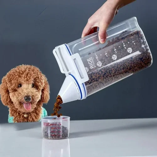 Sealed pet food storage container with measuring cup