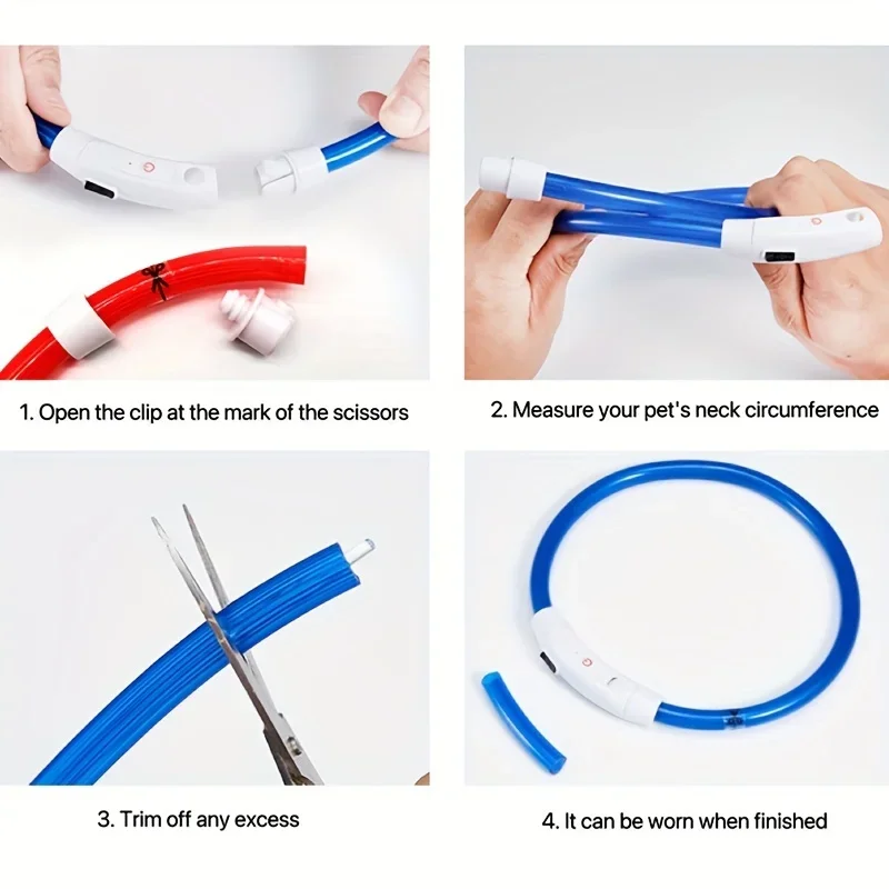 Four-picture guide demonstrating how to adjust the LED dog collar to fit