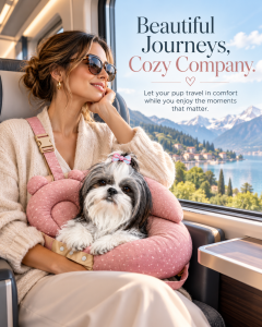 Lucy on a Scenic Train Ride in the SnuggleSleep Lap Bed | DoggyDogDawg Lucy the Shih Tzu nestled in a pink SnuggleSleep dog lap bed beside a scenic train window overlooking mountains.