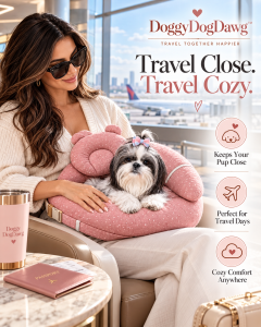 Cozy Airport Moments with Lucy and SnuggleSleep | DoggyDogDawg Lucy the Shih Tzu resting in a pink SnuggleSleep lap cushion with her owner seated in an airport lounge.