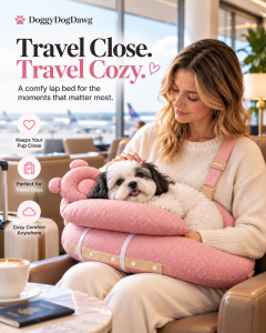 Lucy in the Pink SnuggleSleep Travel Lap Bed | DoggyDogDawg Lucy the Shih Tzu relaxing in a pink SnuggleSleep travel lap bed on her owner's lap in a bright travel lounge.